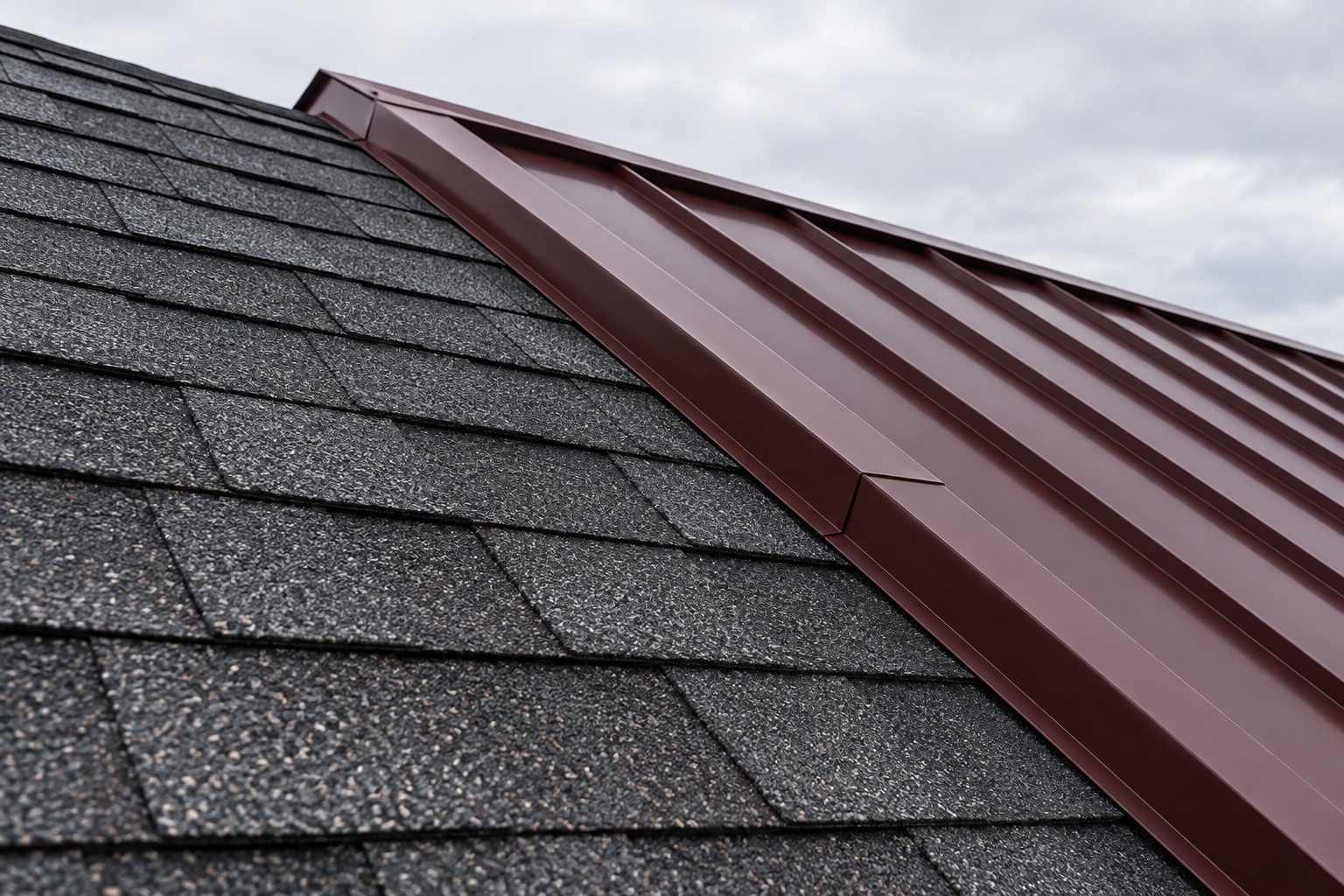 Illustrative close-up of charcoal shingles and burgundy metal roofing